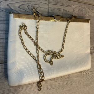 Vintage Etra 1960s Classic Eggshell Snakeskin Clutch with Gold Frame and Chain
